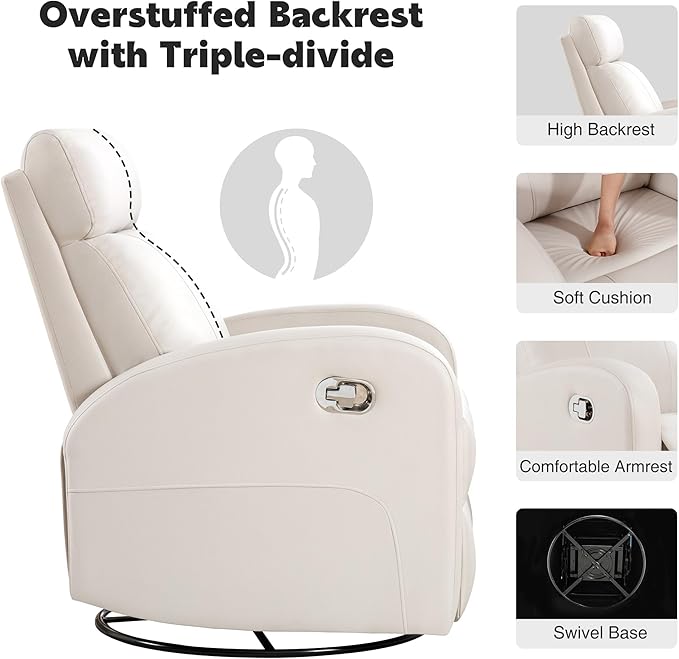 Swivel Rocker Recliner Chair Manual Faux Leather Recliner Glider Rocking Recliners 360°Swivel Nursery Reclining Chairs with Adjustable Headrest Highback for Living Room Cream