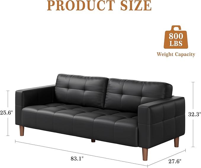 GarveeHome 3-Seater Sofa Couch 83 Wide Faux Leather Sofa Couch with Spring Cushion Modern Sofa with Deep Seats and 2 Removable Back Cushions for Living Room Apartment Office Modern Black