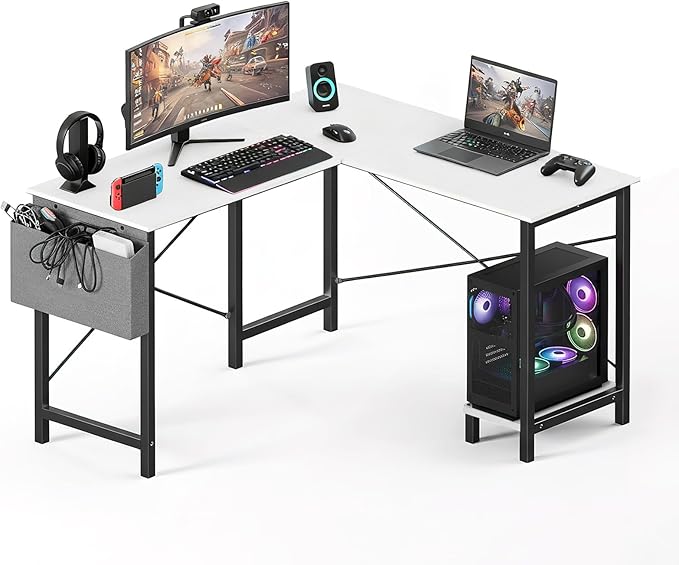 OLIXIS L Shaped Desk 50-Inch Office Computer Gaming Desks Corner PC Table with Side Bag and Reversible Shelf for Home Work Study Writing White