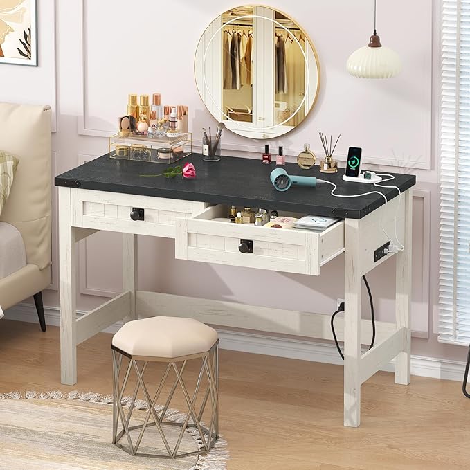 Farmhouse Computer Desk with 2 Drawers 39 Inch Small Office Computer Desk with Power Outlets Compact Writing Study Vanity Desk for Small Spaces Black and White