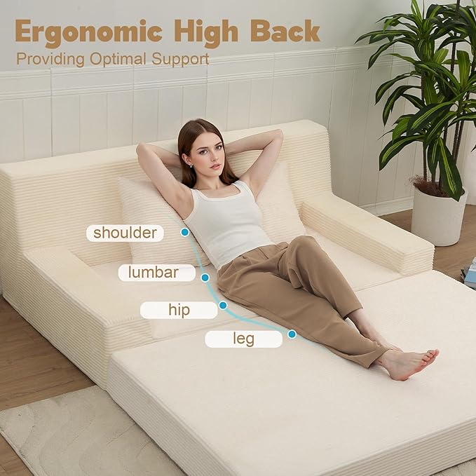MeMoreCool Boneless Folding Queen Sofa Bed – Corduroy Convertible Futon Sleeper Couch with Foam Core &amp Pillow Washable Cover Space-Saving Floor Sofa for Living Room Guest Bedroom Apartment