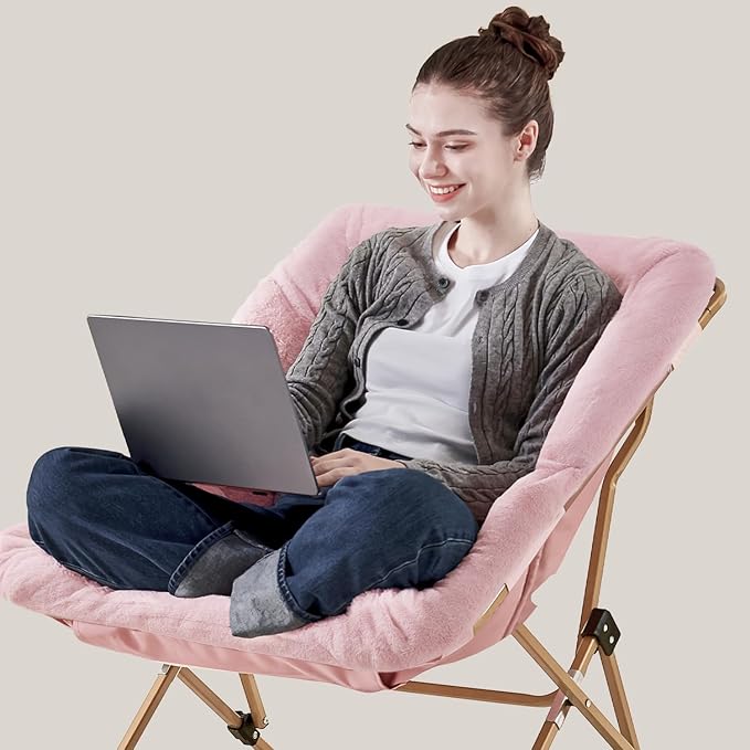 Walsham Folding Comfy Chair Faux Fur Soft Cozy Lounge Reading Papasan Chair for Adults Kids Bedroom Living Room Dorms Small Space Pink