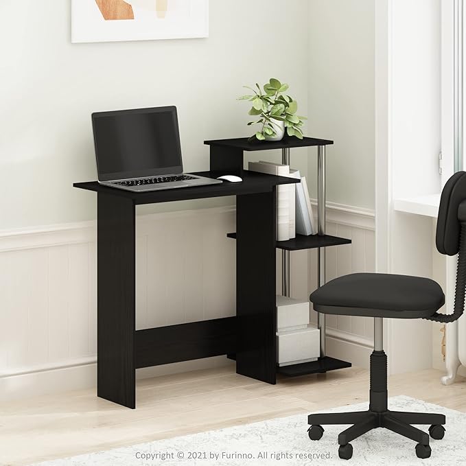Furinno EFFICIENT Desk 28.6 Wide Gaming Desk with 3 Open Side Shelves Laptop Notebook Computer Desk Office Desk for Home Office Study Room Dorm Bedroom Americano/Stainless Steel
