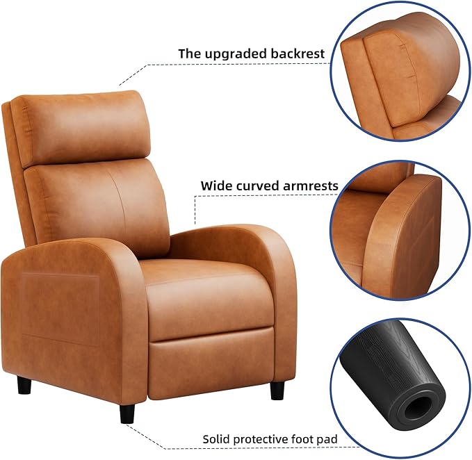JUMMICO Recliner Chair Adjustable Home Theater Single Recliner Sofa Furniture with Thick Seat Cushion and Backrest Modern Living Room Recliners (Leather Brown)