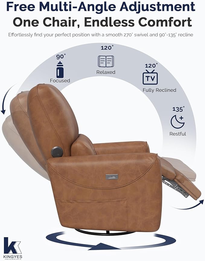 KINGYES Nursery Recliner Rocking Chair 270° Swivel Glider with Bluetooth Speaker &amp USB-C Port Faux Leather Nursery Rocking Chair Brown