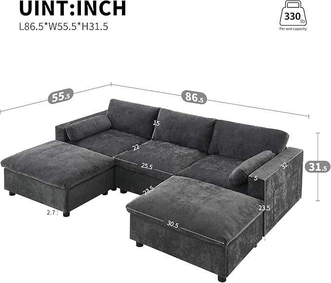 kevinplus 86.5'' Sectional Sofa Couch with Ottoman for Living Room Modern Contemporary 3-Seat Sectional Sofa Couch for Apartment Chenille Fabric Dark Gray