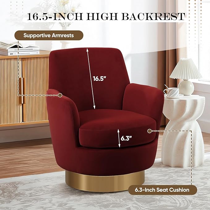 SLEERWAY 360° Swivel Barrel Chair Set of 2 28.3 Modern Velvet Round Accent Chair Comfy Upholstered Small Armchair with Gold Metal Base for Living Room Bedroom Nursery Office Sillas para Sala Red