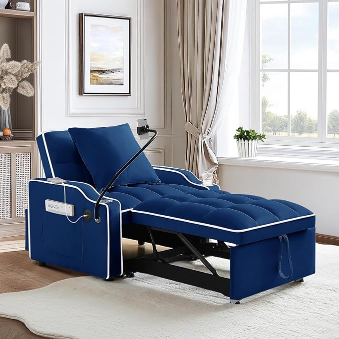 3-in-1 Convertible Sleeper Sofa Bed Chair with Cup Holders &amp Phone Holder Futon Chair Bed with Pull Out Couch Adjustable Backrest Modern Velvet Chaise Lounge Living Room Bedroom (Navy Blue 35.4