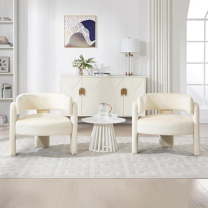 Barrel Accent Chairs Set of 2 Mid Century Modern Upholstered Living Room Chairs with Wooden Legs Comfy Velvet Reading Arm Chair for Bedroom Makeup Room Beige