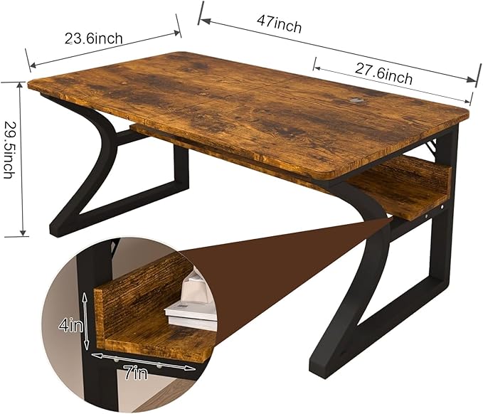 Computer Desk 55 X 23.6 inch Home Office Computer Desks w/Deeper Desktop Study Student Desk Writing Work Table w/Storage Shelf (47Inch/Brown)