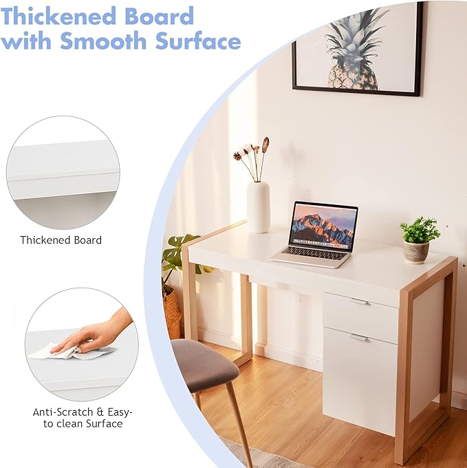 MAT EXPERT 44” Computer Desk White Desk w/Drawer &amp Storage Cabinet for Study Work Makeup Modern Writing Desk PC Laptop Office Table for Bedroom Small Corner Home Office