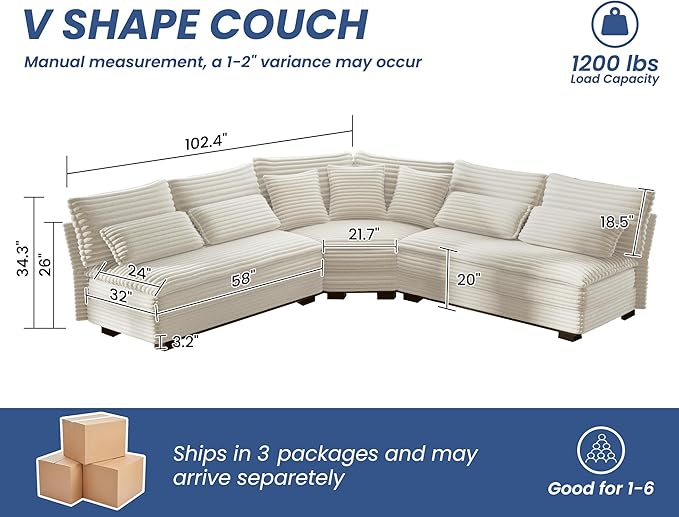 5-Seater Sectional Couch 102 L-Shaped Corner Sofa Oversized Corduroy Cloud Couch with 2-Layer Cushions for Living Room Aparment (White)