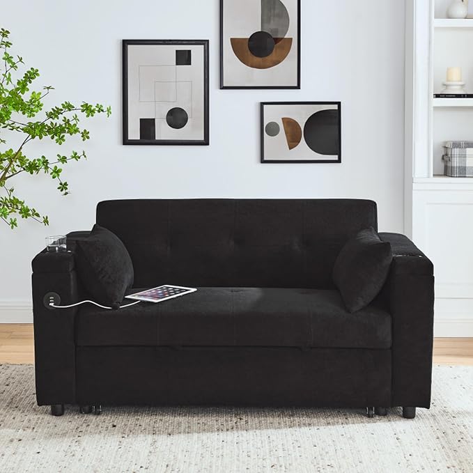 Convertible Sleeper Sofa Bed Pull-Out Recliner Couch with Adjustable Backrest Storage Armrests Side Pockets Cup Holders USB Charging Ports Chenille Loveseat for Living Room Use (Black)