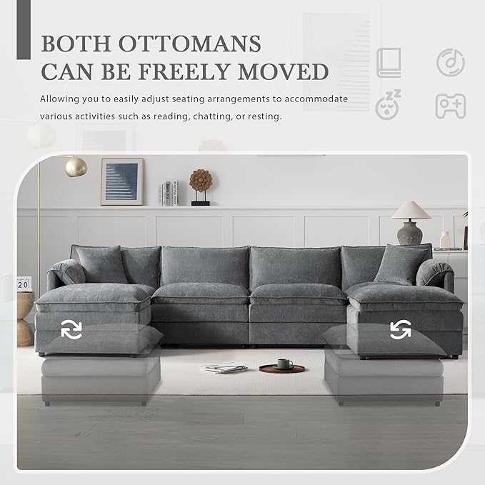 136 Chenille U-Shaped Modular Sectional Sofa with Deep and Wide SeatCloud Couch Set with Double Cushions6 Seat Sofa with Movable Ottomanfor Living Room Apartment Office (Dark Gray#h)