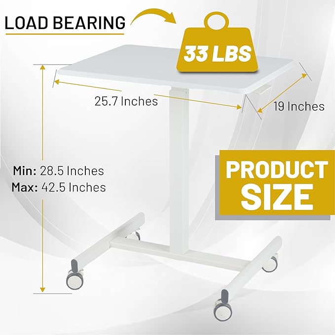 NEWBULIG Mobile Laptop Standing Desk- Overbed Table Adjustable Height Desk Stand Up Desk Small Rolling Sit Stand Desk Teacher Podium with Wheels White