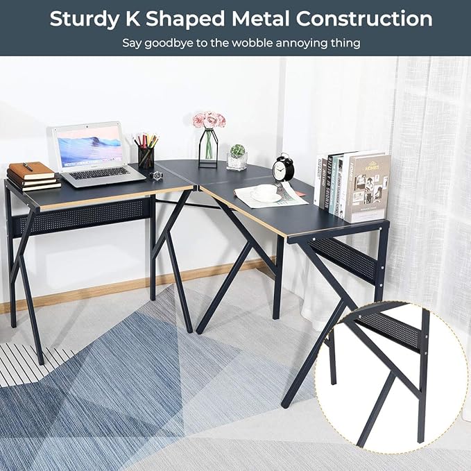 FurnitureR L-Shaped Computer Desk Gaming Table Home Office Corner Desk Writing Study Computer Table with Sturdy Metal Frames for Home Office Saves Space Black (49.2 Inch)
