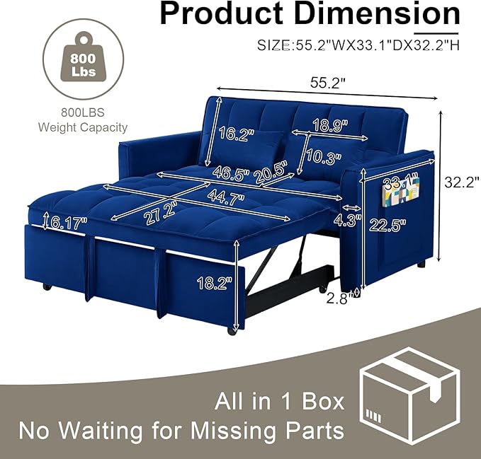 3-in-1 Convertible Sofa Bed 55'' Pull Out Couch Bed with Adjustable Backrest Velvet Fabric Sleeper Loveseat Sofa with Side Pocket Perfect for Living Room Easy Assembly(Blue)