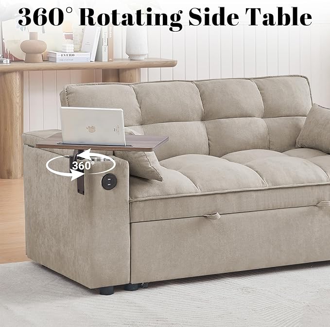 Rovibek 3 in 1 Sofa Bed 65 Inch Convertible Pull Out Couch with USB and Type-C Ports Loveseat Sleeper Bed with Small Table 3 Level Adjustable Backrest for Living Room Khaki