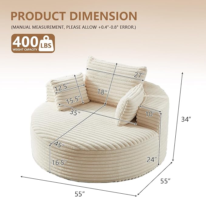 Oversized Round Chaise Lounge Chair Indoor 55'' Corduroy Deep Seat Circle Single Floor Sofa Chairs Modern Upholstered Sponge Armchair Cloud Sleeper Chair for Living Room Bedroom Apartment Beige