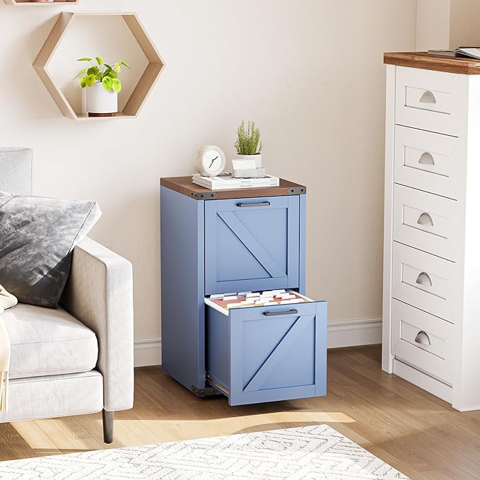 VINGLI 2 Drawer Farmhouse Metal File Cabinet Home Office Filing Organizer for Letter File Folder Storage Printer Stand with Drawers Archivador Vertical Filing Cabinet for Study Business (Blue)