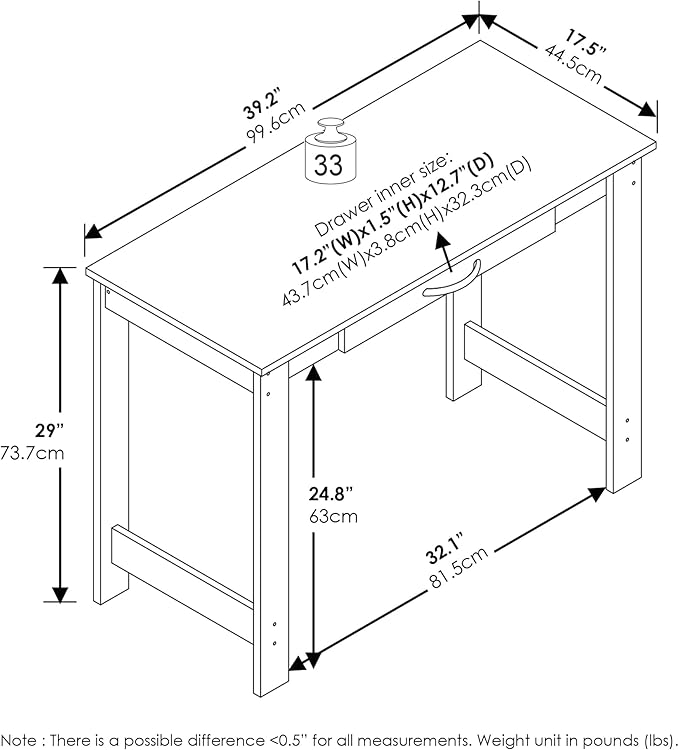 Furinno Jaya Desk 39.2 Wide Computer Desk with H-Legs Office Desk with Drawer Writing Desk with Drawer for Home Office Study Room Dorm Darkwood