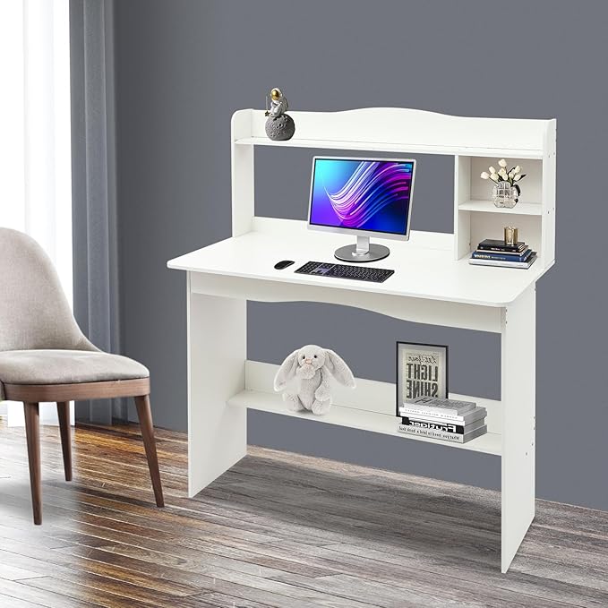 Computer Desk with Hutch - 40 Home Office Desk with Bookshelf &amp Lower Storage Shelf for Studying Gaming Table Computer Desk and Small Spaces (White)