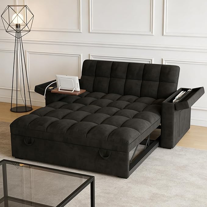 Dreamzie 65'' Wide 3 in 1 Convertible Sleeper Sofa Bed Pull Out Couch for Living Room with Hidden Laptop Desk Loveseat Sleeper with Side Pocket | Adjustable Backrest | USB Port (Fabric Black)