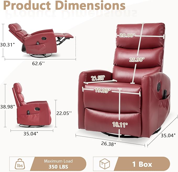 cinkehome Small Swivel Rocker Recliner Chair with Heated Massage Upholstered Nursery Glider Recliner Chair High Back Side Pocket (Red PU Leather)