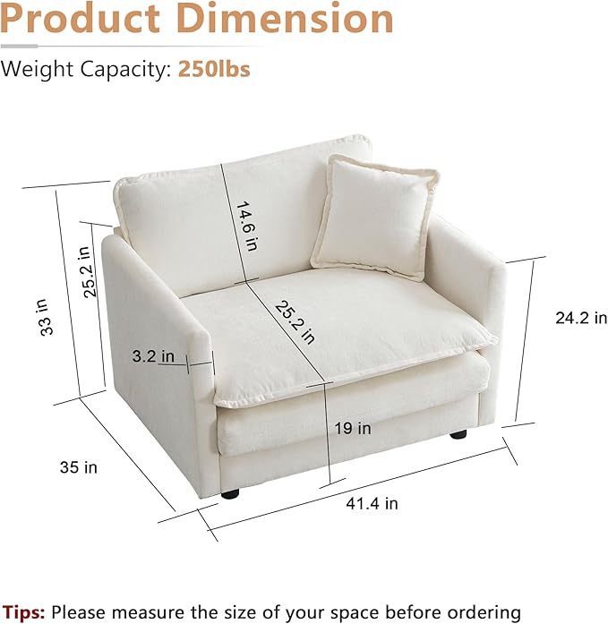 mikibama 41.4 Inch Single Seat Sofa Chenille Comfy Deep Upholstered Couch Armchair with Toss Pillow for Living Room Bedroom Office Apartment Beige