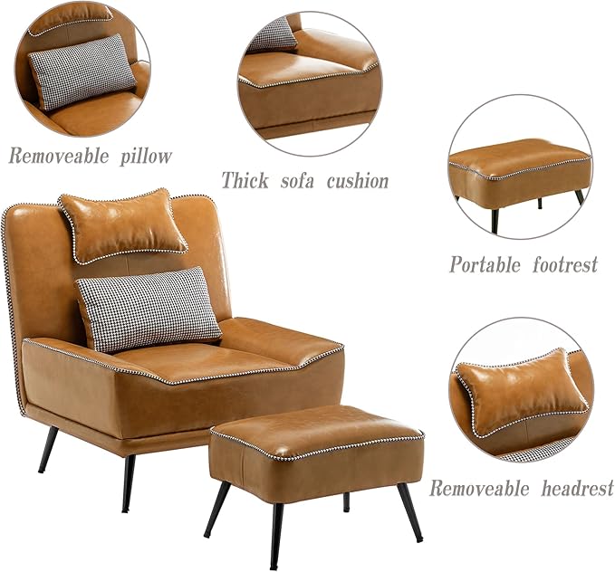 ALISH Modern Accent Chair with Ottoman Upholstered Chair and Ottoman Set Comfort Single Sofa Chair with Removeable Cushion for Living Room Bedroom (PU Brown)