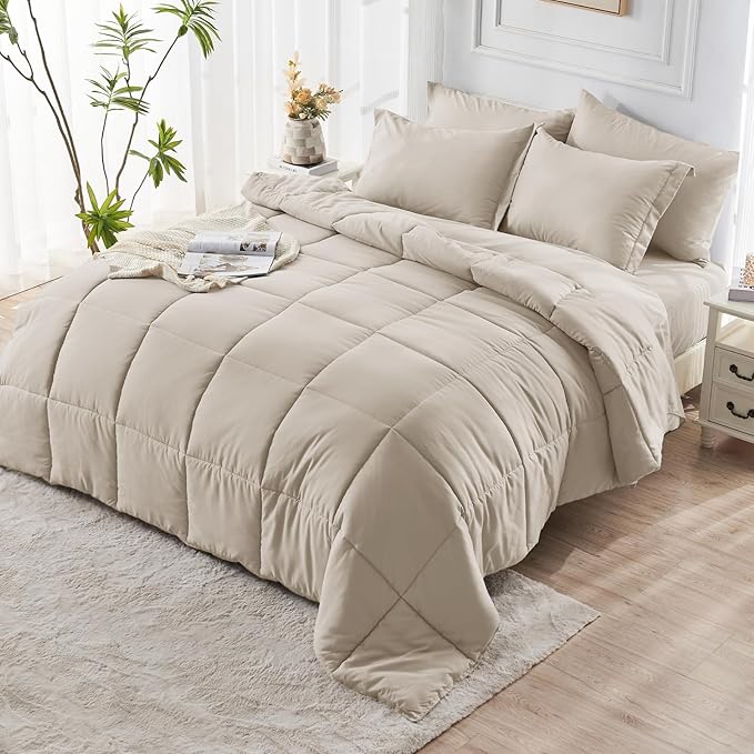 JOLLYVOGUE Queen Comforter Set Ultra-Soft Bed in a Bag Queen Size 7 Pieces Oeko-TEX Certified Bedding Set with Down Alternative Comforter Sheets Pillowcases &amp Shams Oatmeal