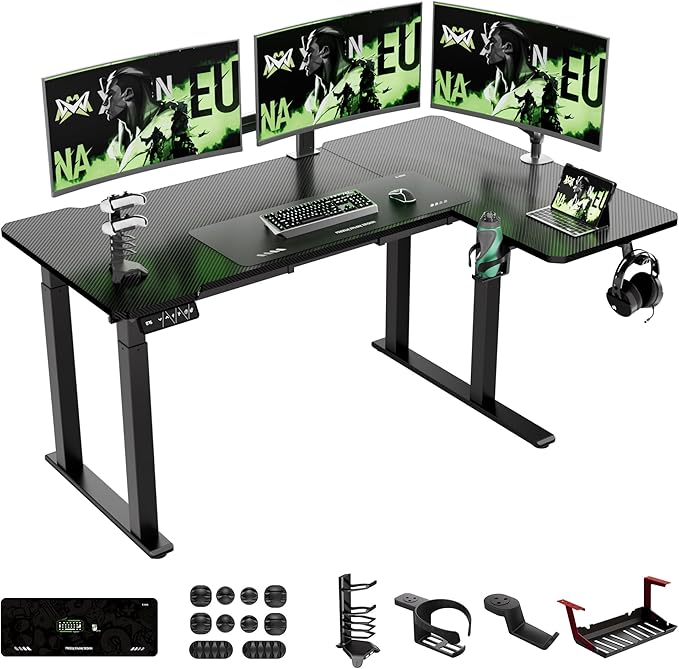 X-Win 63 Inches L-Shaped Electric Standing Desk Dual Motor Height Adjustable Stand Up Corner Desk Sit to Stand Workstation Carbon Fiber Top