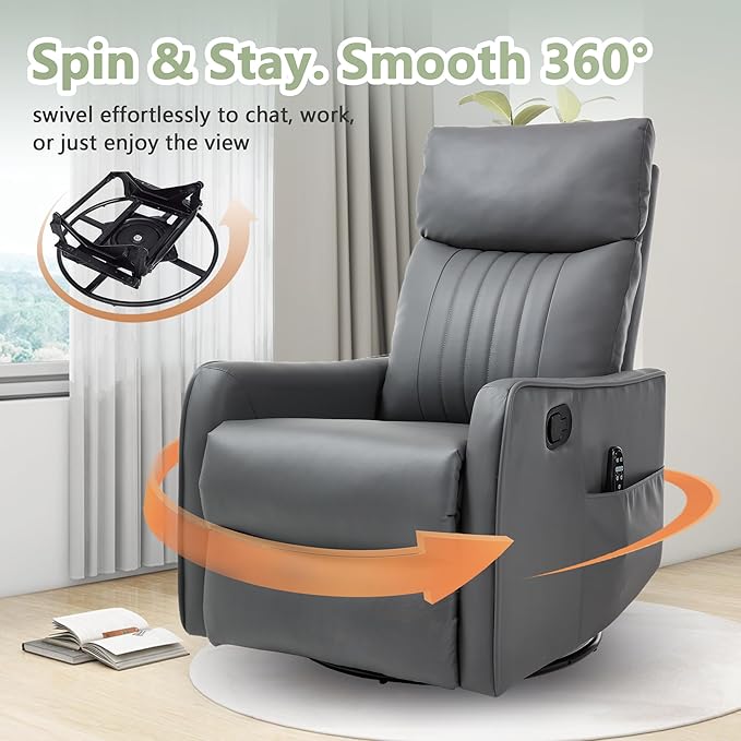 cinkehome Heated Massage Swivel Rocker Recliner Chair for Nursery - Small Space Reclining Chair with Lumbar Support 360° Swivel &amp Gentle Rocking Ergonomic High Back Faux Leather Gray
