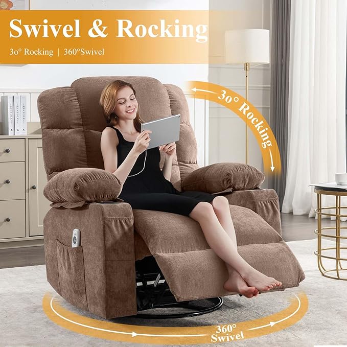 360° Swivel Recliner Chair with Lumbar Heating and Storage Side Pocket Oversized Adult Massage Rocking Chairs with USB &amp Cup Holders Ergonomic Single Sofa Chair for Living Room (Brown)