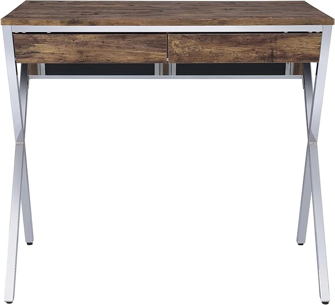 Penau Rustic Weathered Oak Writing Desk with Chrome Accents 2 Spacious Drawers Modern X-Shaped Legs Office and Home Use
