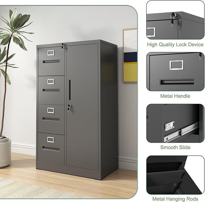 4 Drawer Small File Cabinet with Lock Under Desk Locking Storage Drawers Organizer Filing Cabinets for Home OfficeBlack