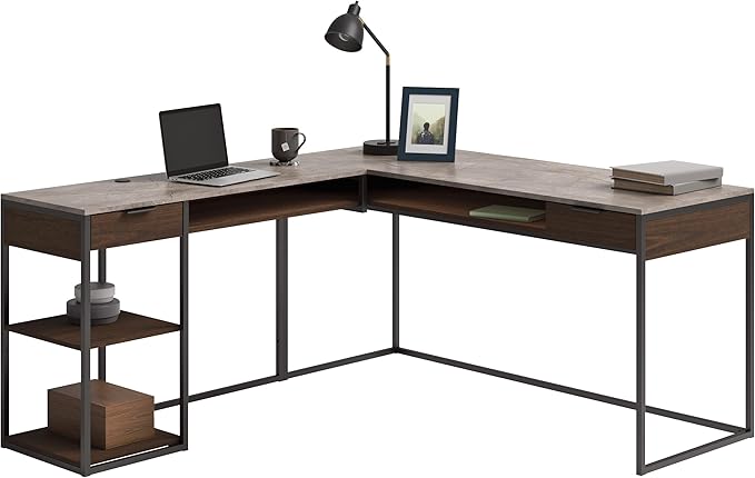 Sauder International Lux Modern L-Shaped Desk Umber Wood Finish