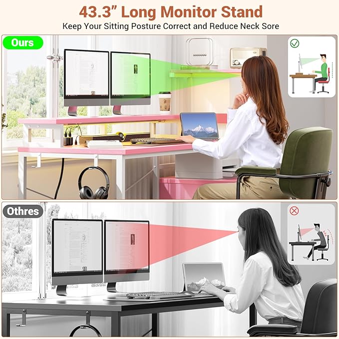 Aheaplus Gaming Desk with LED Strip &amp Power Outlet 59Inch Reversible Computer Desk with Monitor Stand &amp Storage Shelves Home Office Desks with Fabric File Drawer Gamer Table PC Desk Pink