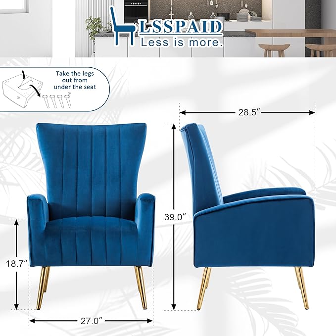 LSSPAID Velvet Accent Chairs Set of 2 Modern Fabric Upholstered Living Room Chairs Armchairs with Wing Back and Metal Legs Navy Blue