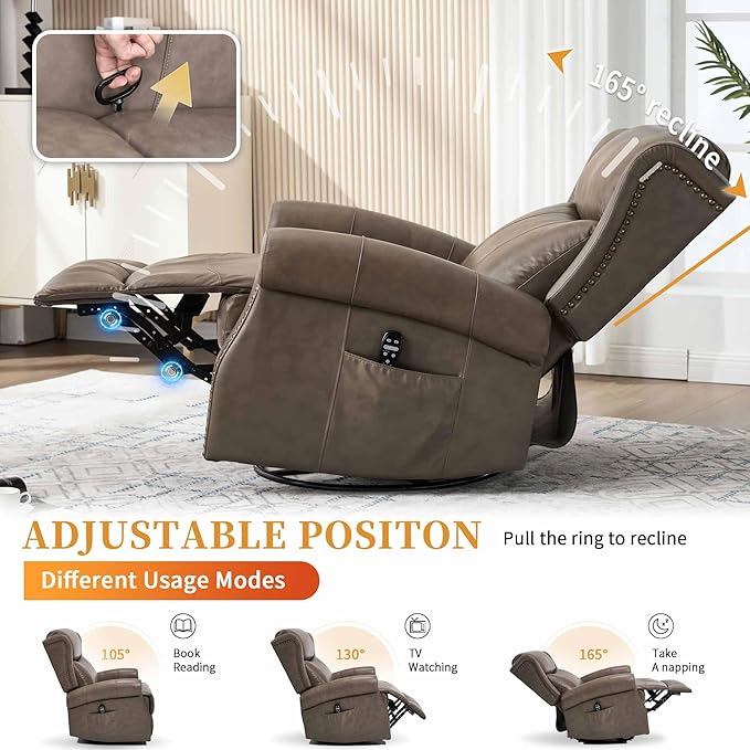 360° Swivel Glider Chair for Nursery Wingback Genuine Leather Rocking Recliner with Lumbar Heat &amp Massage 8-Point Vibration Massage for Living Room Bedroom
