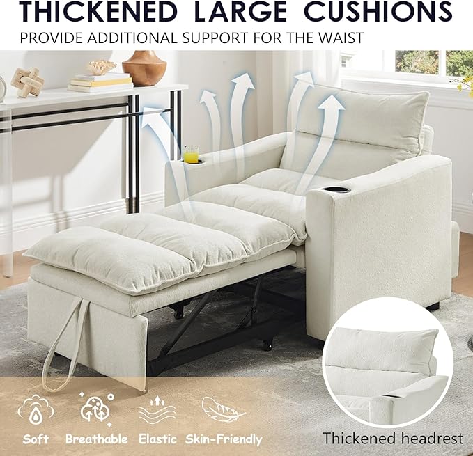 3 in1 Convertible Sleeper Sofa Chair Modern Pull Out Couch Bed Single Chair Bed with Adjustable Back Velvet Folding Compact Recliner for Living Room Bedroom Apartment Small Spaces﻿(Beige)