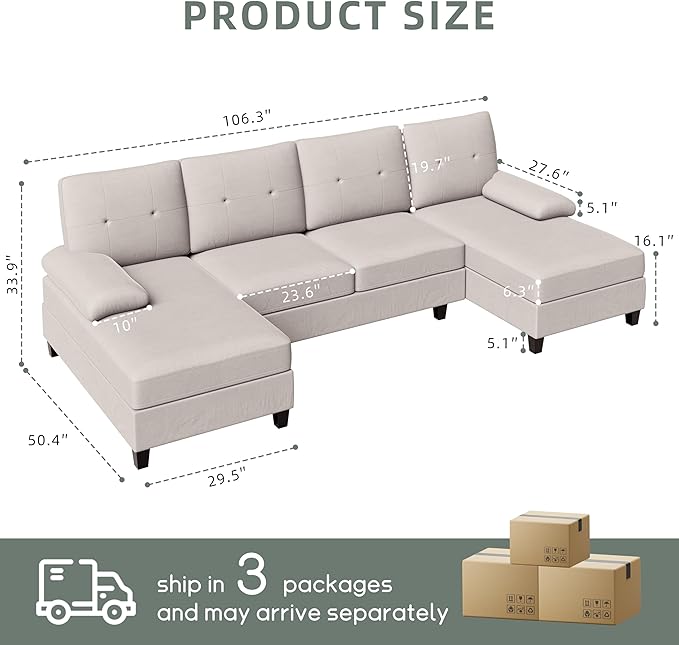 Shintenchi U-Shaped Sectional Couches for Living Room 4 Seat Sofa with Double Chaise LoungesSolid Wood Frame Sectional Sofa for ApartmentCreamy White