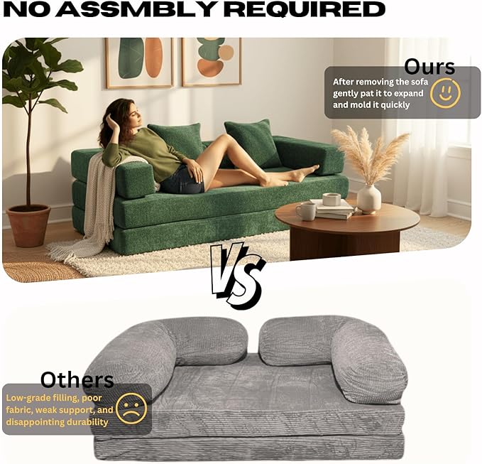 Alpen 77 Convertable Sleeper Sofa 4-in-1 Pull Out Couch Bed with L-Shaped Armrests Futon Sofa Bed Queen Size Sleeper Mattress Fold Out Comfy Lounge for Living Room Bedroom Green