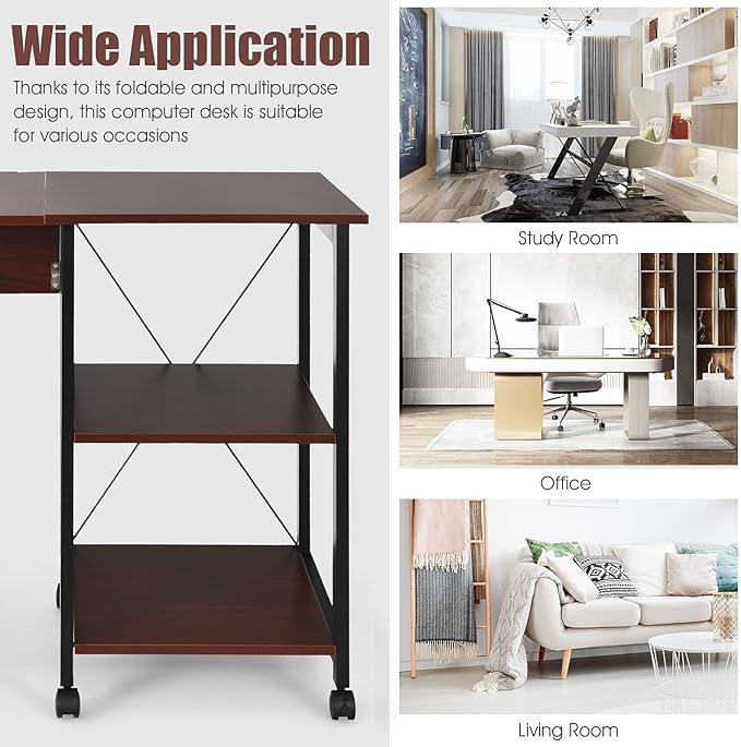DORTALA Folding Computer Desk Modern Writing Table w/ 2-Tier Storage Shelves PC Laptop Study Table Workstation w/ 6 Wheels Space Saving Compact Desk Side Table for Home Office Apartment Brown