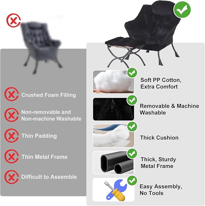 Lazy Chair with Ottoman Modern Accent Chair with Armrests and a Side Pocket Plush Black Accent Chairs Reading Chairs Oversized Armchairs for Bedroom Study Living Room Courtyard