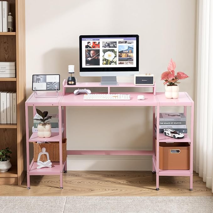 Computer Desk 55-inch with Storage Shelf - Pink Ideal Gaming Desk for Bedrooms Small Spaces and Home Offices Modern Writing Desk for PCs.