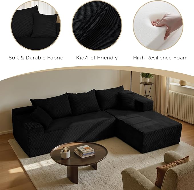 Black 103“ Cloud Couch Sectional Sofa in Box with L-Shape ChaiseModern Modular Couches Upholstered with Deep Seat for Living RoomNo Assembly Required