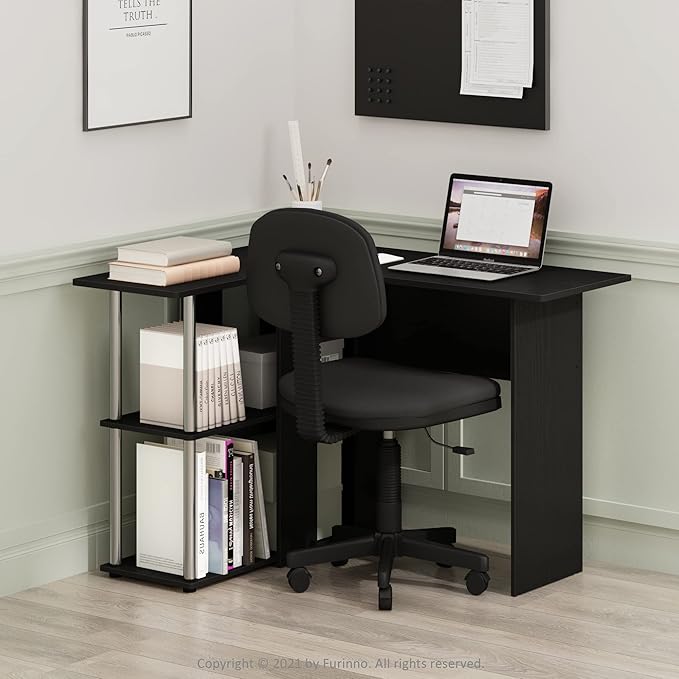 Furinno Abbott L-Shape Desk with Bookshelf Americano/Chrome