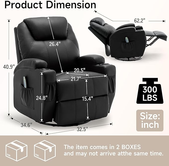 Recliner Chair Rocking Chair with Massage and Heat 360° Swivel Recliner Chairs for Adults Rocker Manual Recliner with Remote Control and Cup Holder for Living Room Bedroom Nursery
