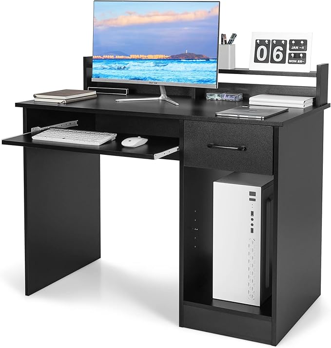 Tangkula Computer Desk with Drawer &amp Keyboard Tray Modern Study Writing Desk with Desktop Hutch &amp Storage Shelves Home Office Wooden PC Laptop Desk Desk for Bedroom